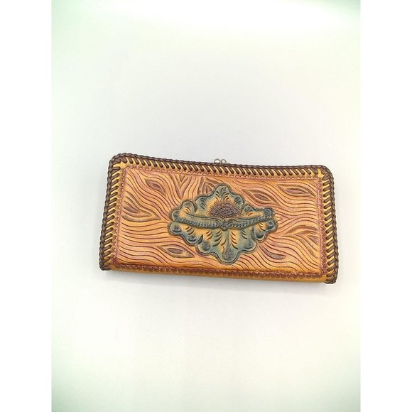 Handbags - Vintage Tooled Leather Ladies Wallet, Black and Brown Floral, Western Coin Purse